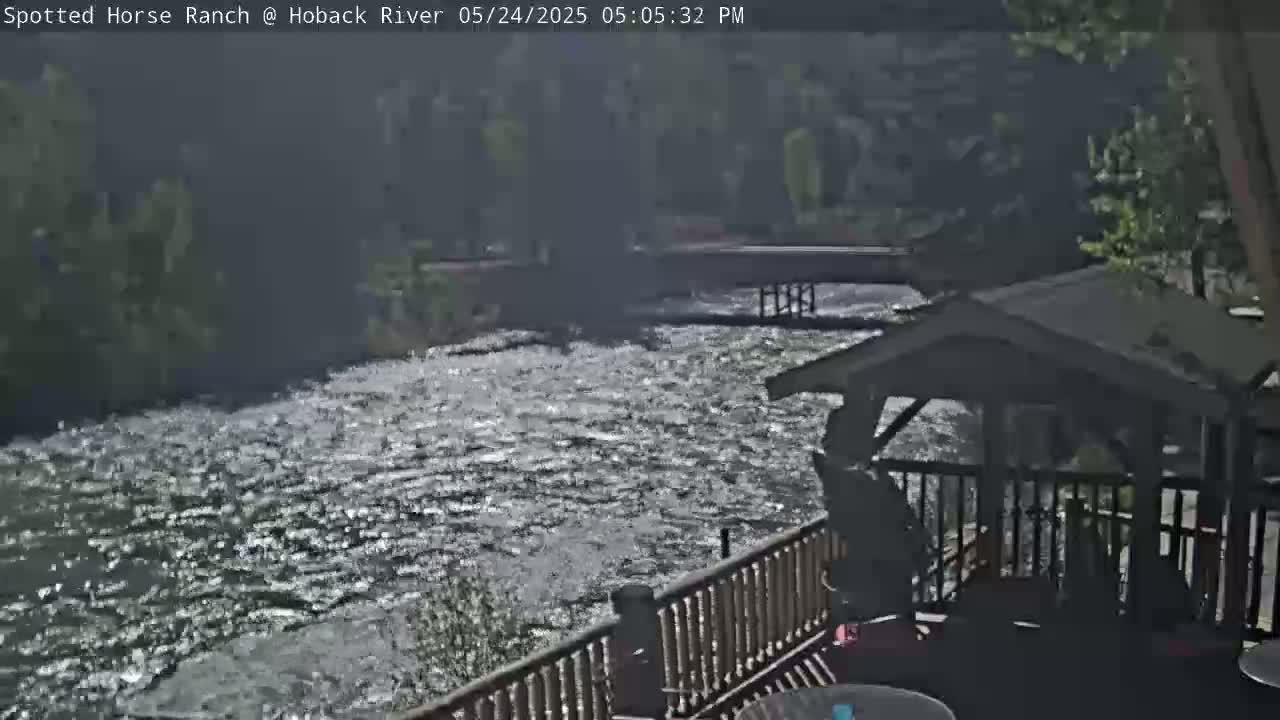 A partially sunny view of a rushing river from a wooden deck with a gazebo, under a partly cloudy sky.