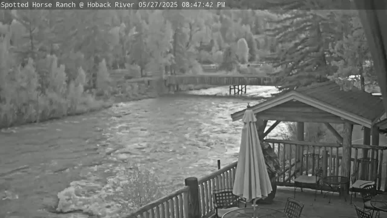 A fast-moving river flows beneath a wooden deck with a gazebo and patio furniture, surrounded by trees in the evening.