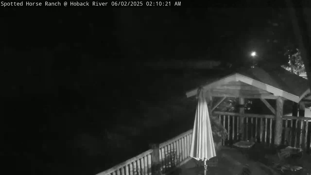 A nighttime, low-light view of a wooden gazebo with a closed umbrella on a deck, partially enclosed by a railing.