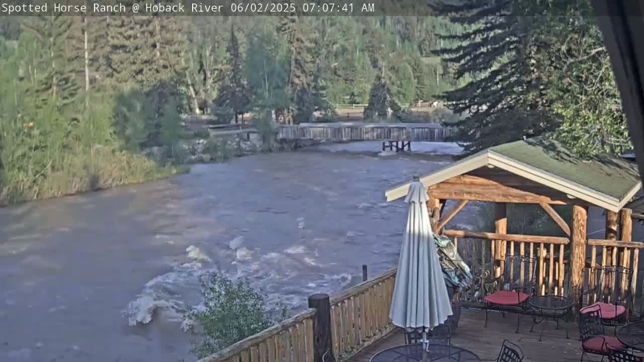 A rushing river flows beneath a wooden deck with outdoor furniture and a pavilion, under a partly cloudy sky.