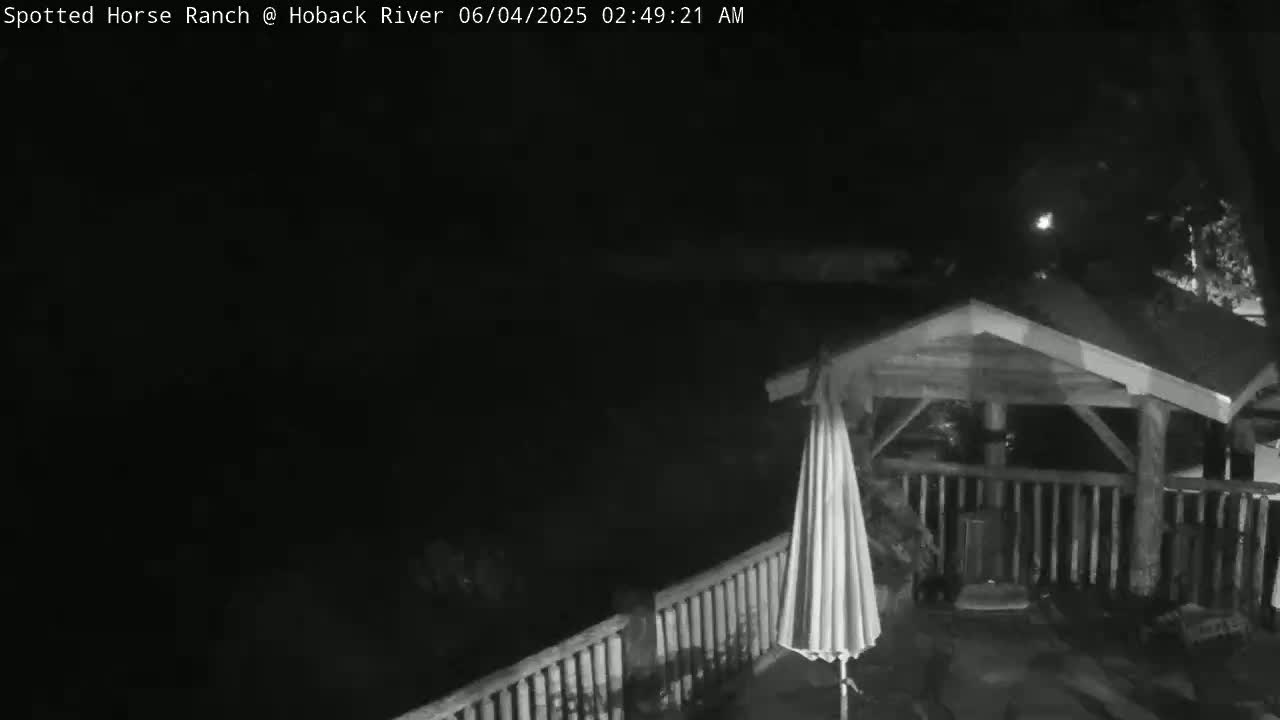 A closed-up, nighttime, black-and-white view shows a patio with a wooden gazebo, a closed umbrella, and a railing, under a dark sky.