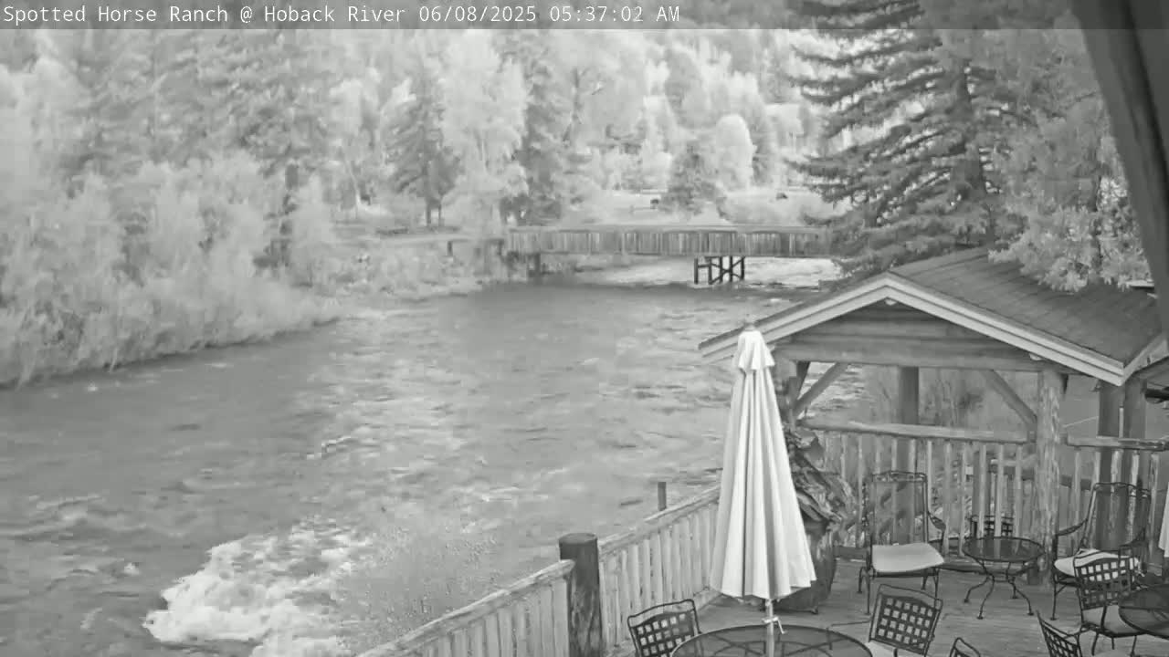 A fast-flowing river is seen from a deck with a wooden gazebo and patio furniture, under overcast skies.