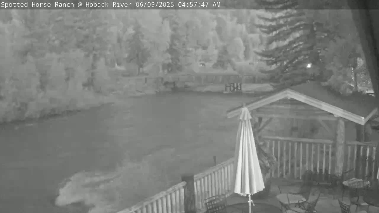 A nighttime, grayscale view shows a dark river flowing past a wooden deck with a patio umbrella and furniture, beside a wooded area.