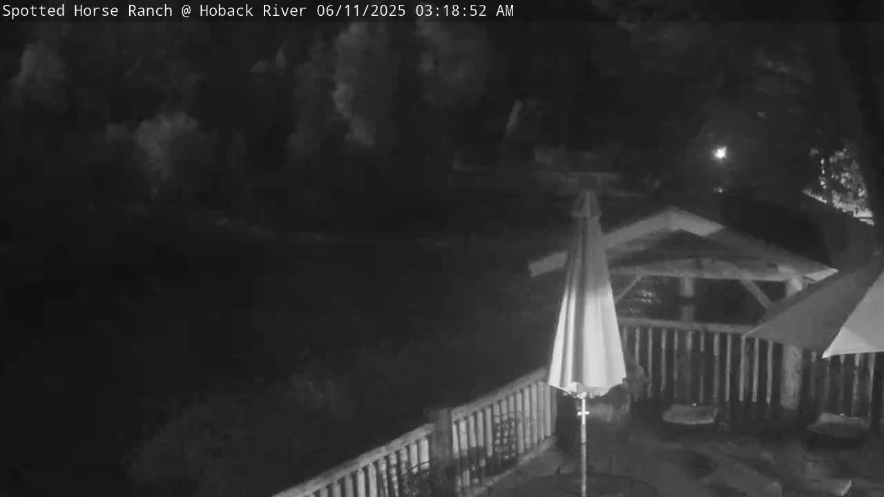 A nighttime, low-light grayscale image shows a patio area with a gazebo, closed umbrellas, and a railing overlooking a dark expanse.