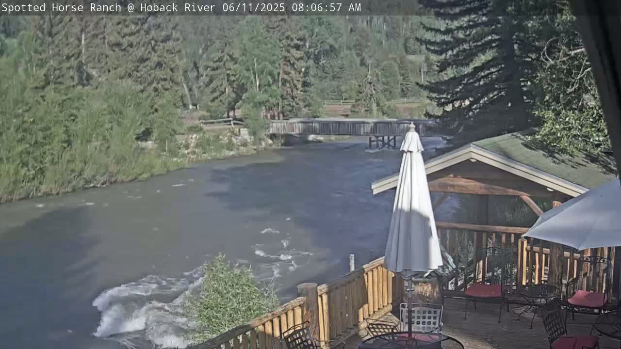 A deck with patio furniture overlooks a swiftly flowing river and wooden bridge under a partly sunny sky.