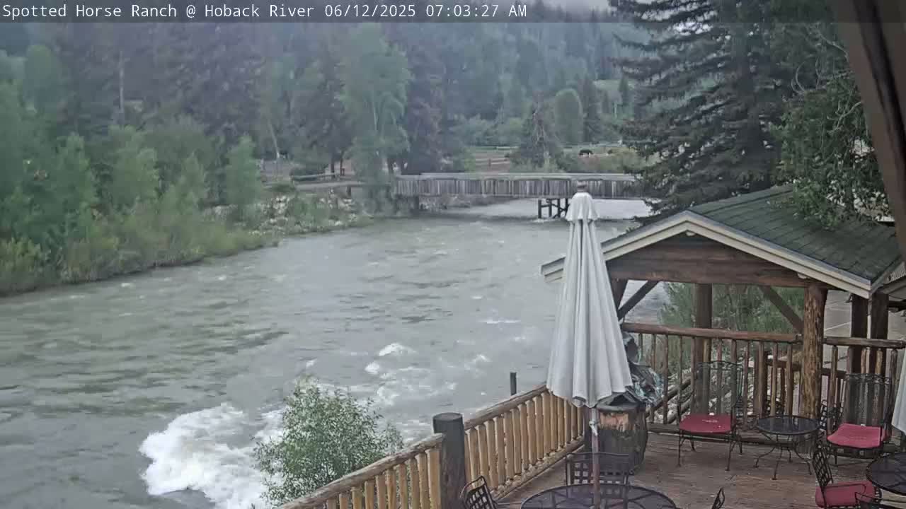 A rushing river flows beneath a wooden deck with patio furniture and a white umbrella, surrounded by green trees under an overcast sky.
