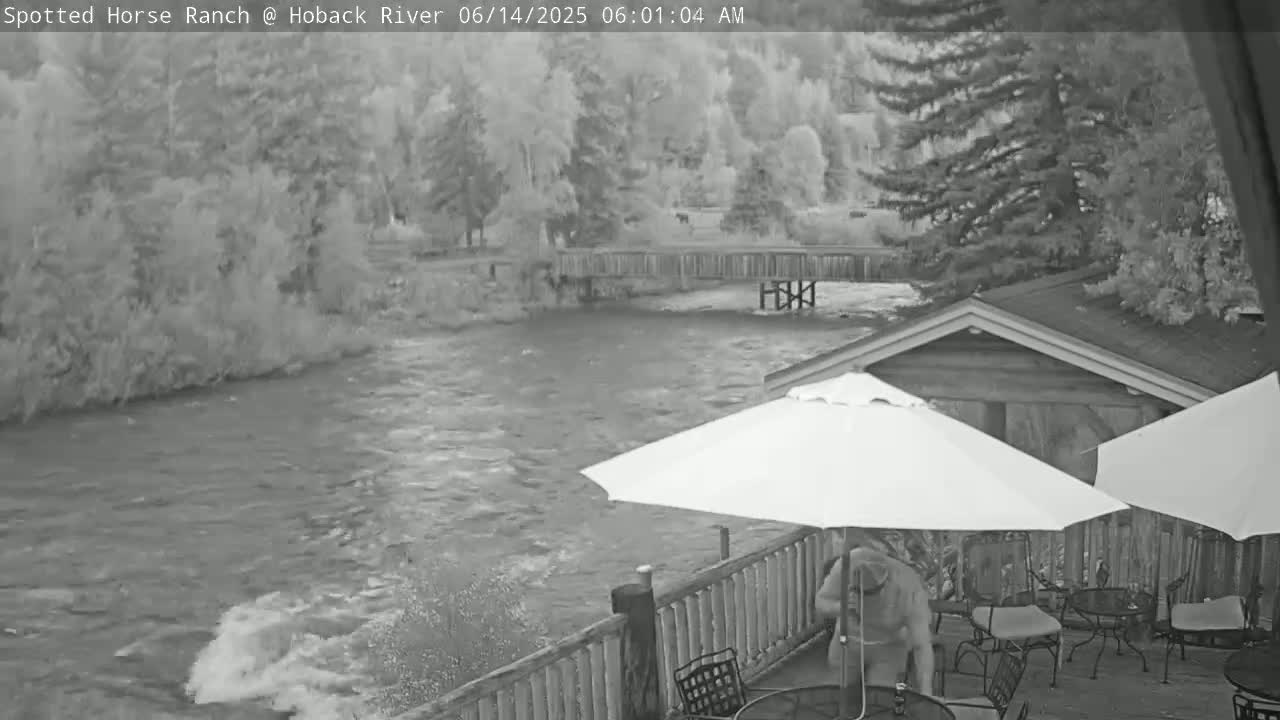 A fast-flowing river rushes beneath a wooden deck with patio furniture and umbrellas, a wooden bridge is visible in the background under a cloudy sky.