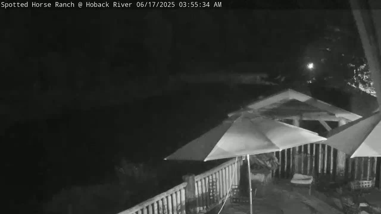 A nighttime, low-light image shows a patio with several closed umbrellas near a building and a railing overlooking a dark area.