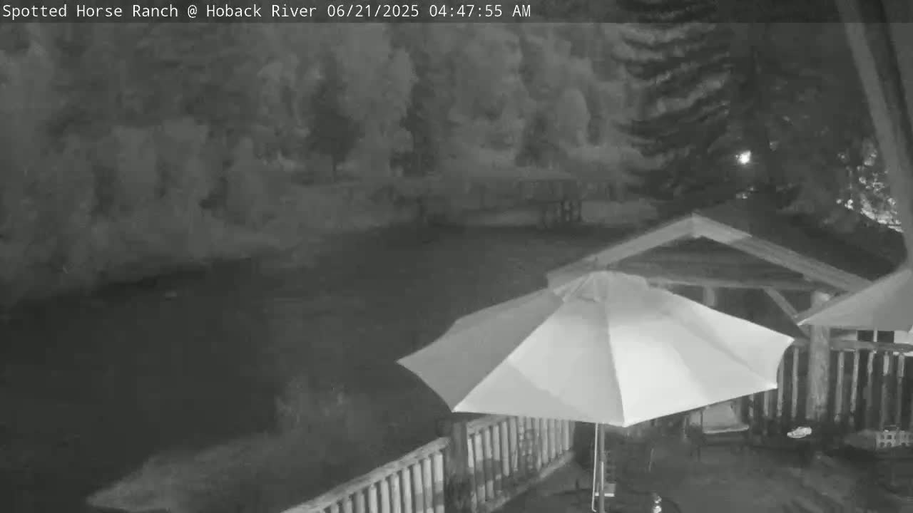 A nighttime, low-light image shows a patio with a closed umbrella and a dark body of water beyond a wooden railing, surrounded by trees.