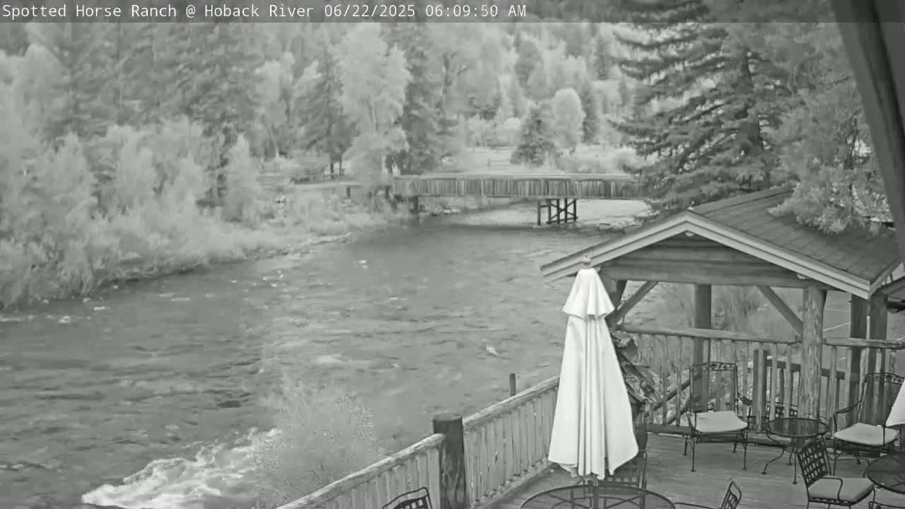 A fast-flowing river with a wooden bridge and a deck with patio furniture is seen on an overcast day.