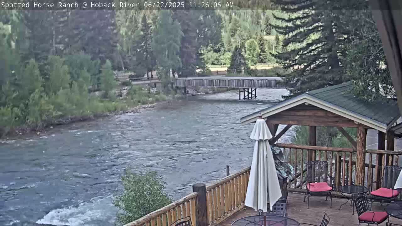 A flowing river is seen from a wooden deck with a gazebo and outdoor furniture, under a partly cloudy sky.