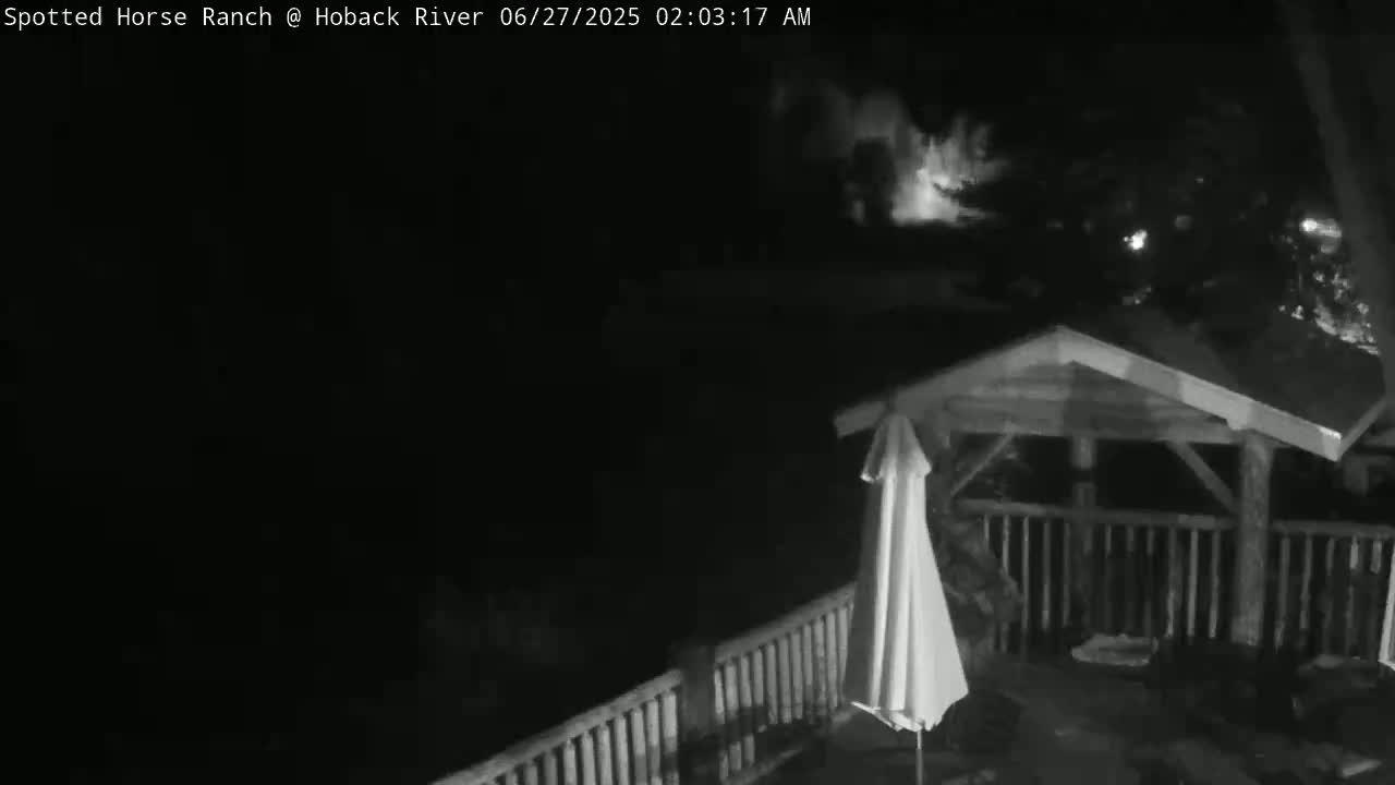A nighttime, black and white image shows a covered patio with a closed umbrella and a railing overlooking a dark landscape.