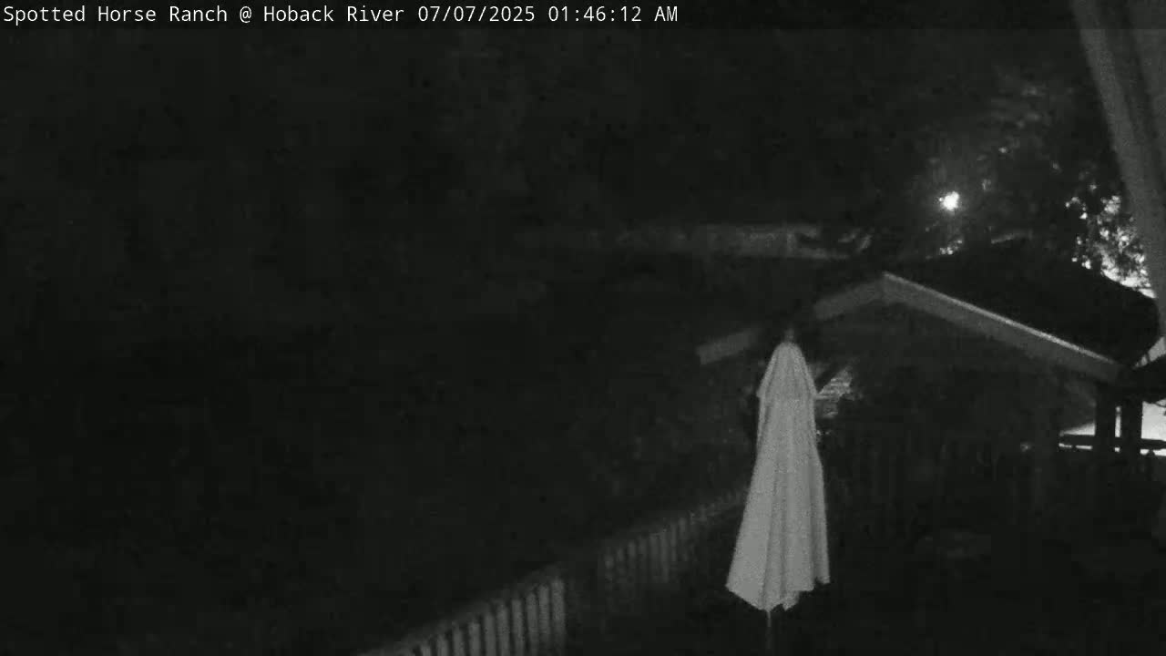 A nighttime, low-light image shows a partially visible building and a hanging patio umbrella.