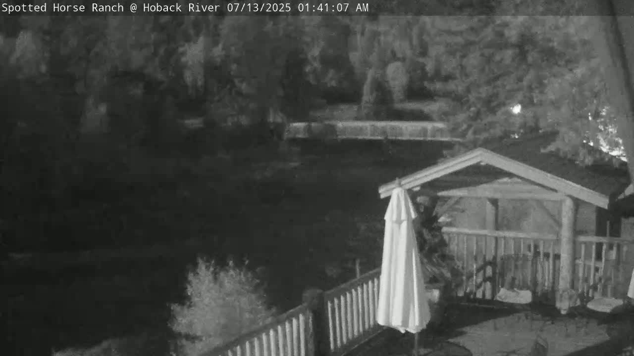 A nighttime, low-light view shows a body of water near a deck with a gazebo and a hanging umbrella.