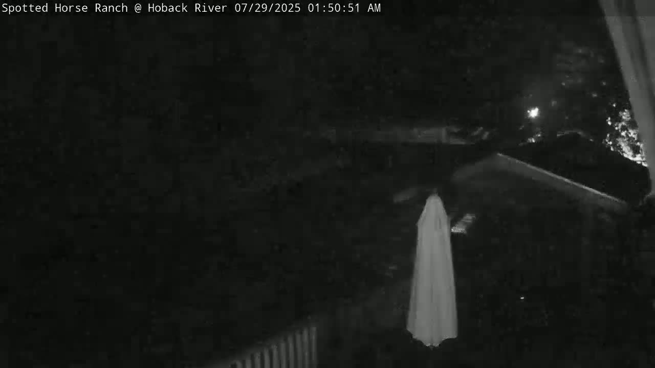 A grayscale nighttime image shows a white sheet-like object hanging near a dark building under a dark sky.