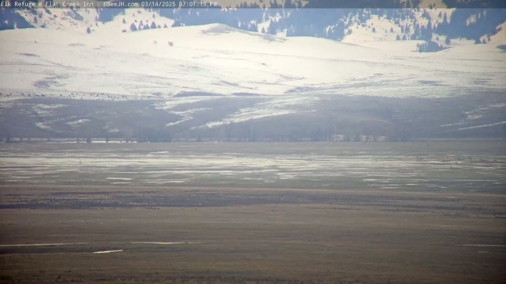 A snow-covered hillside overlooks a flat, mostly barren plain with patches of water or melting snow under a hazy sky.