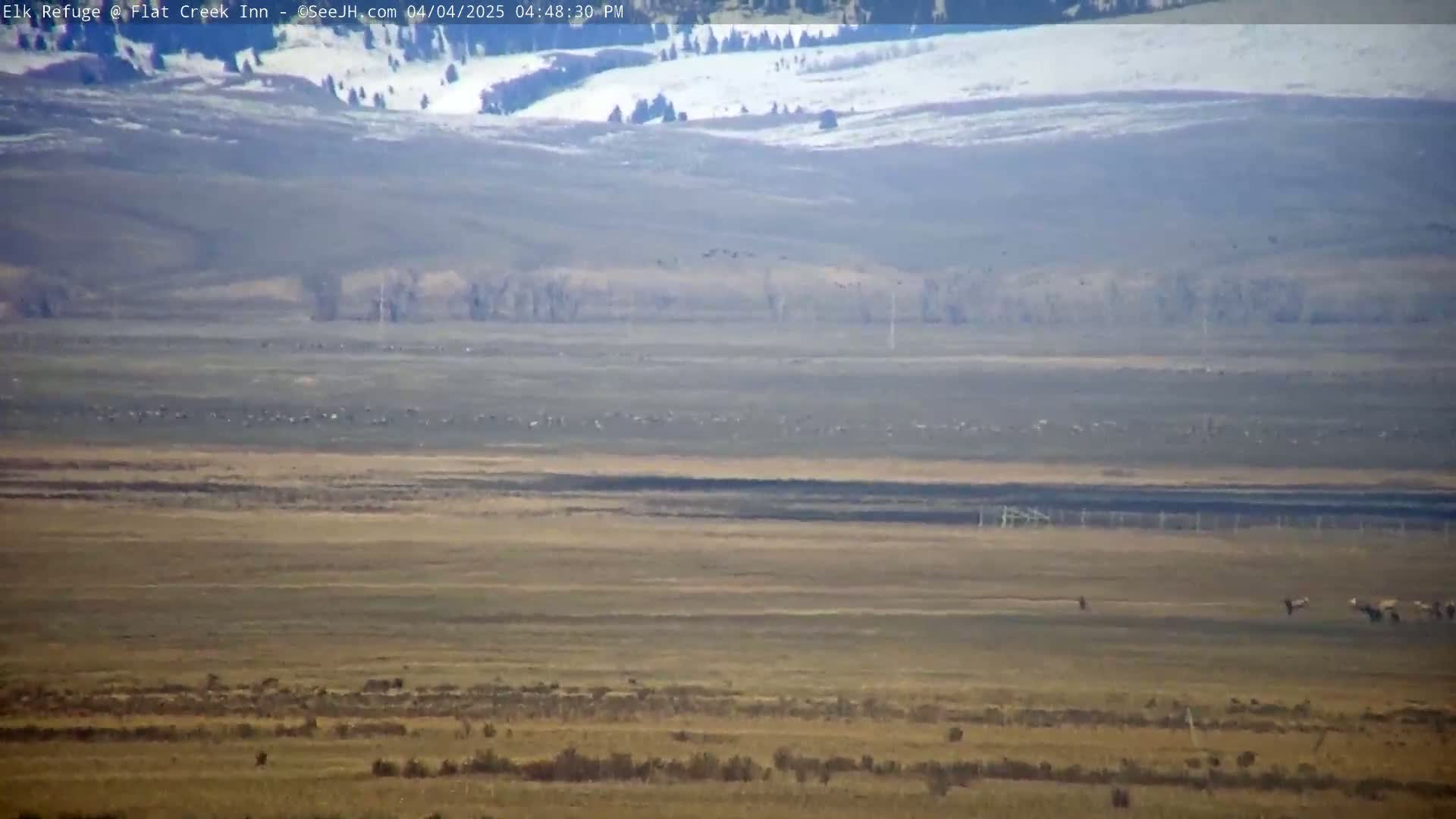 A wide, flat, tan landscape stretches to distant hills partially covered in snow under a hazy sky.