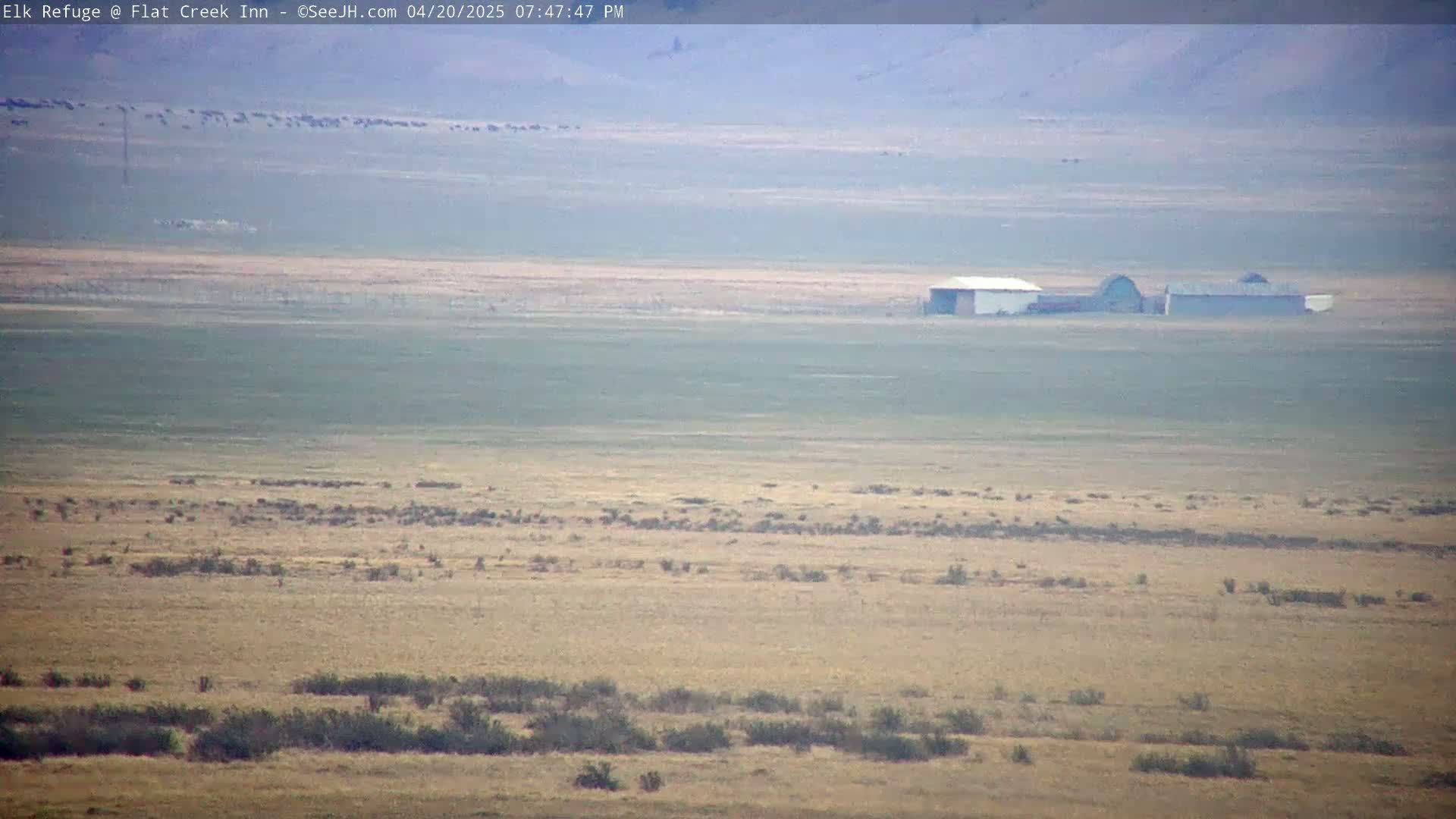 A hazy, flat landscape of tan and light-green fields stretches to the horizon, with a few small buildings visible in the mid-ground.
