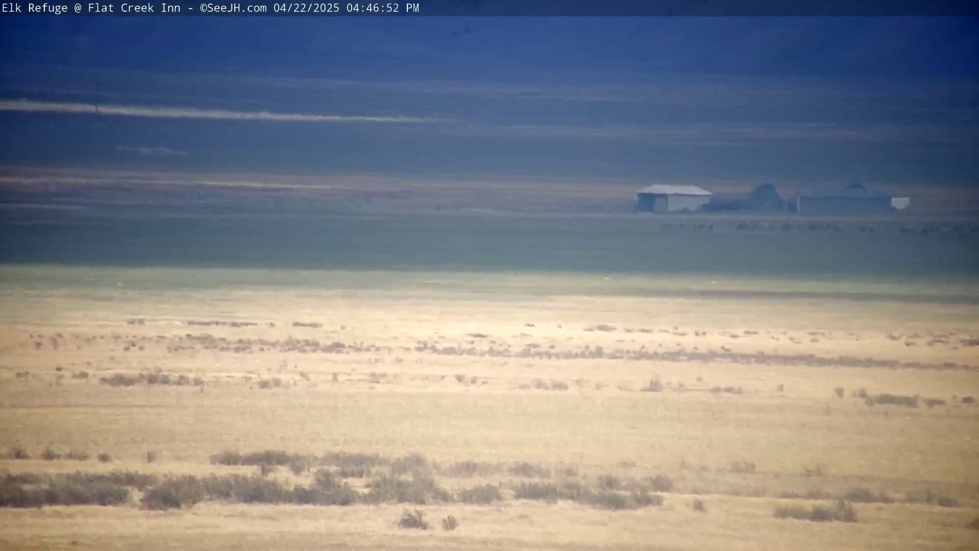 A hazy, long shot shows a flat, arid landscape with sparse vegetation and a few distant buildings under a mostly clear sky.