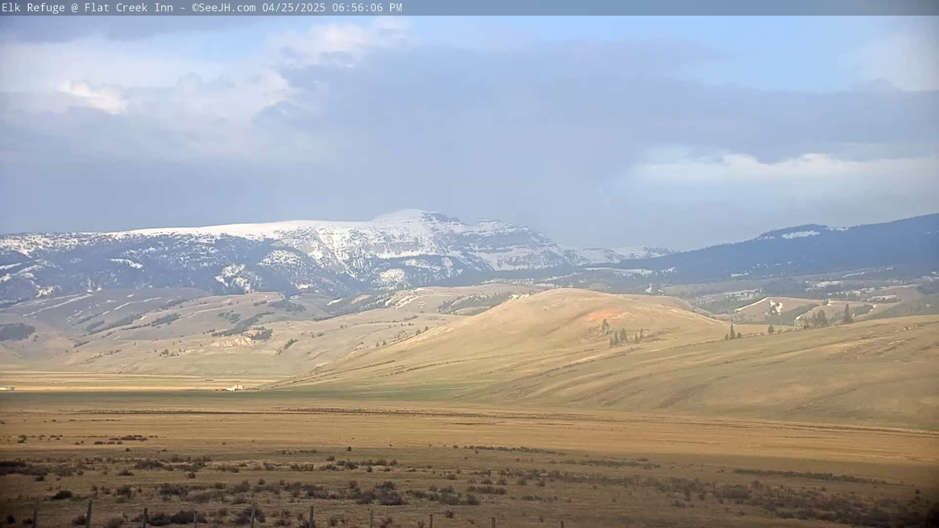 A snow-capped mountain range is visible in the distance under a partly cloudy sky, overlooking a vast, flat, tan grassland.