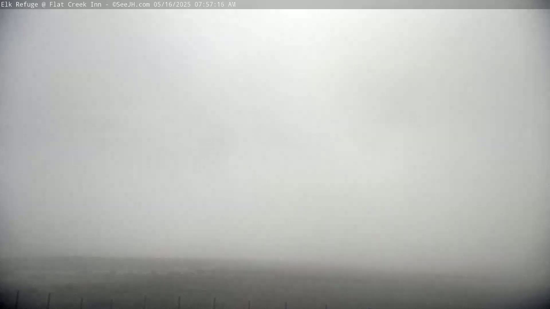 A very foggy, flat landscape is visible in the distance.