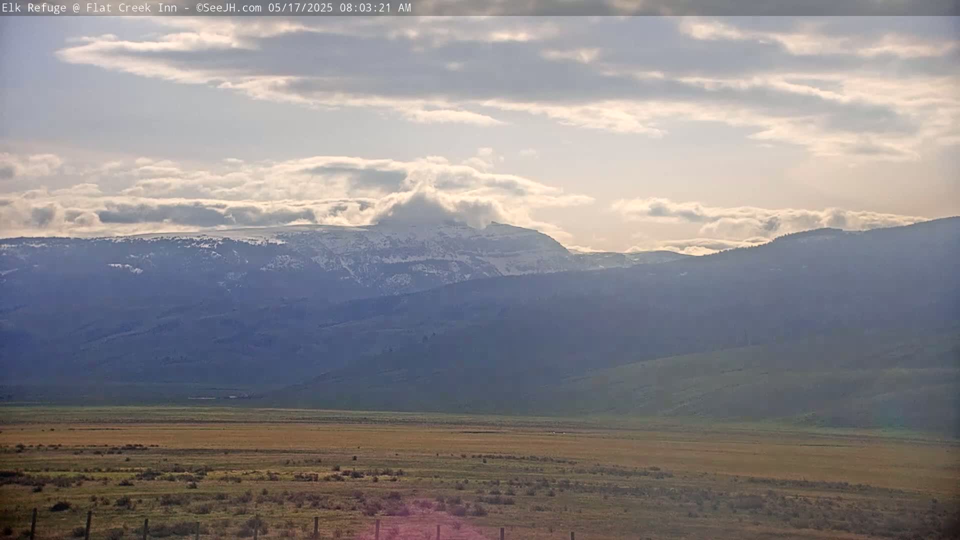 A partly cloudy morning reveals snow-capped mountains in the distance, overlooking a vast, flat expanse of grassland.