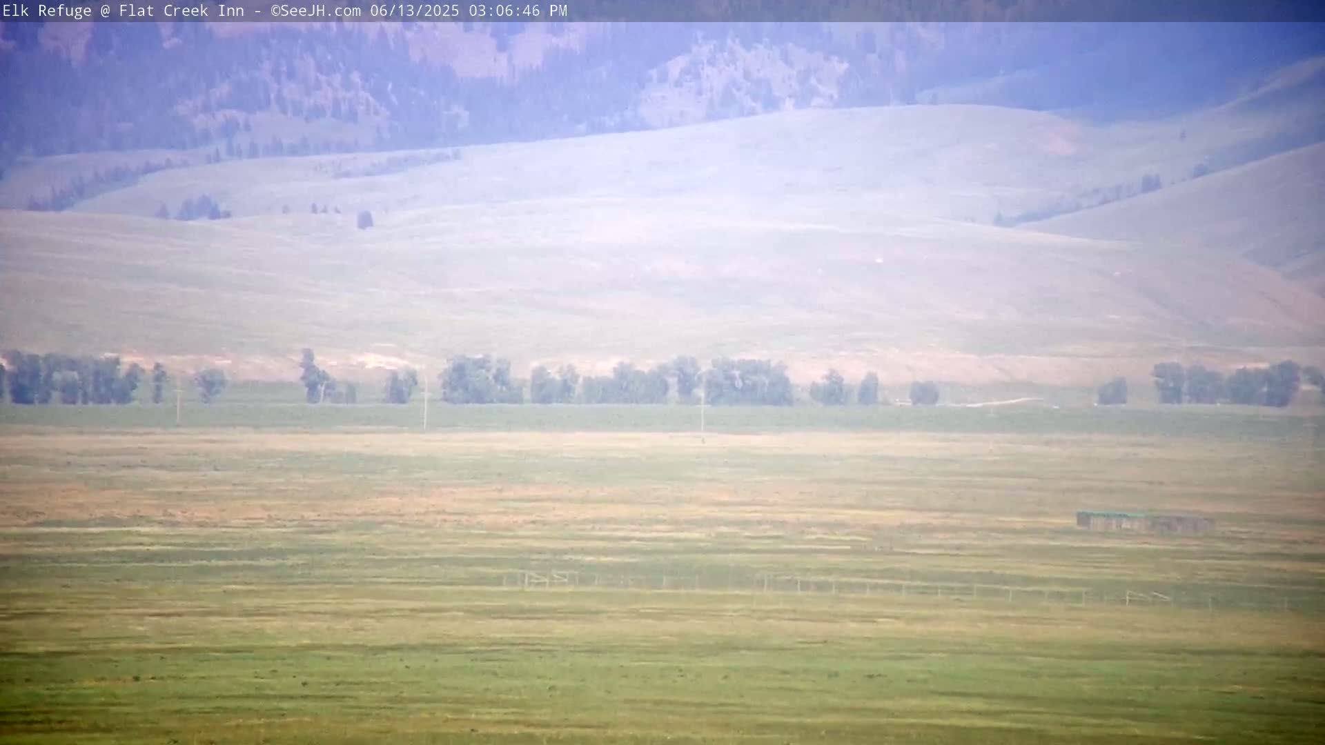 A hazy view of a flat, grassy plain stretches out to rolling hills under a hazy sky.