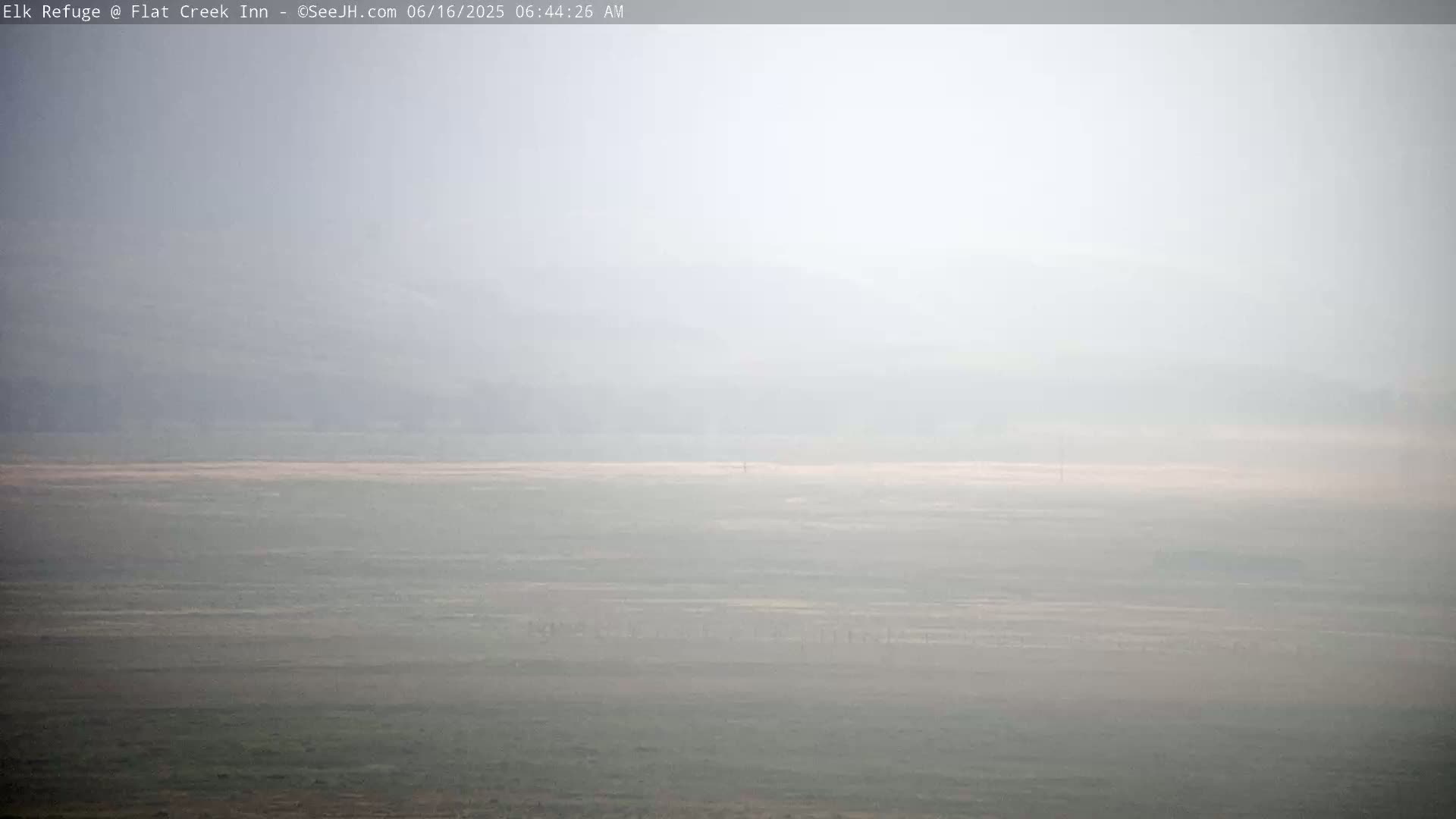 A hazy, flat landscape stretches to the horizon under a foggy sky.