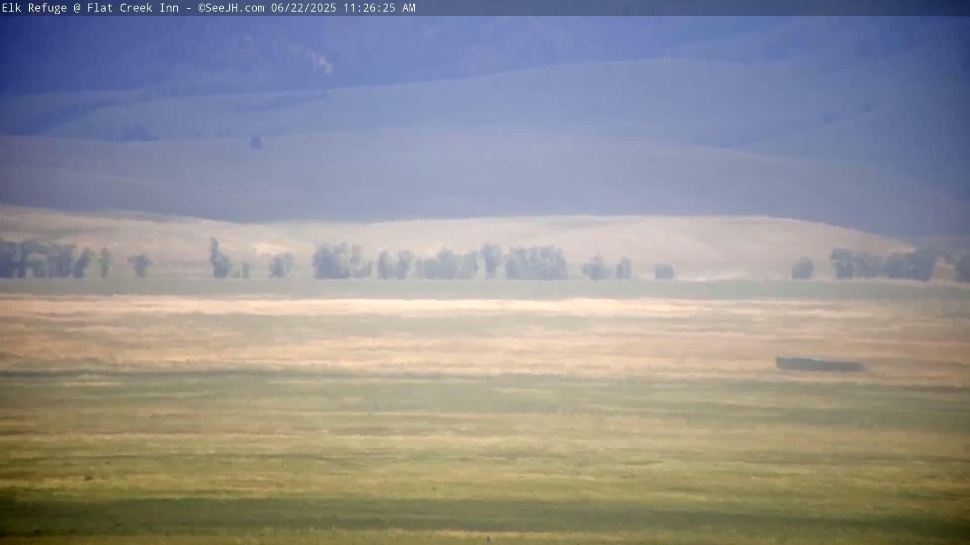 A hazy, flat landscape of pale green and tan fields stretches to rolling hills under a pale blue sky.
