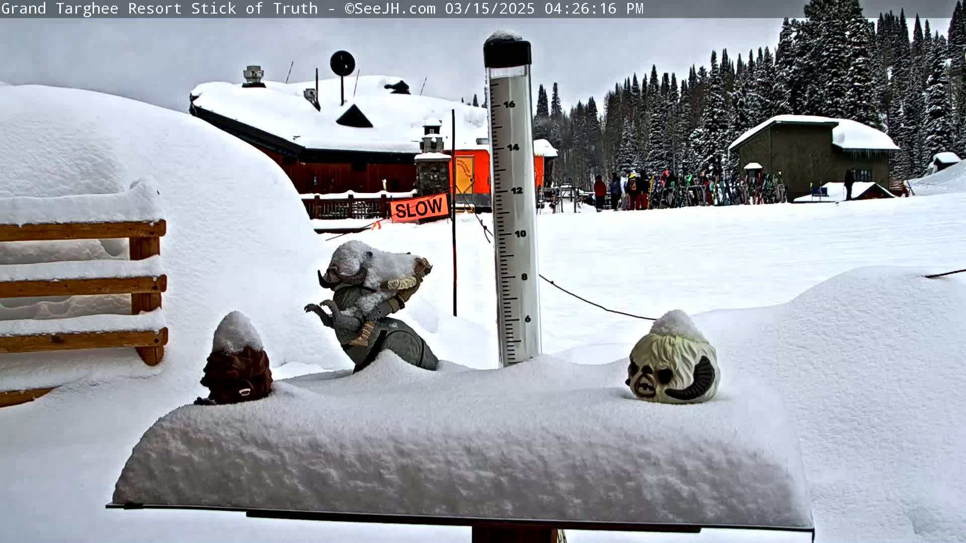 Snow-covered Star Wars figurines sit on a snow-laden surface next to a snow gauge in front of a snow-covered resort building under an overcast sky.