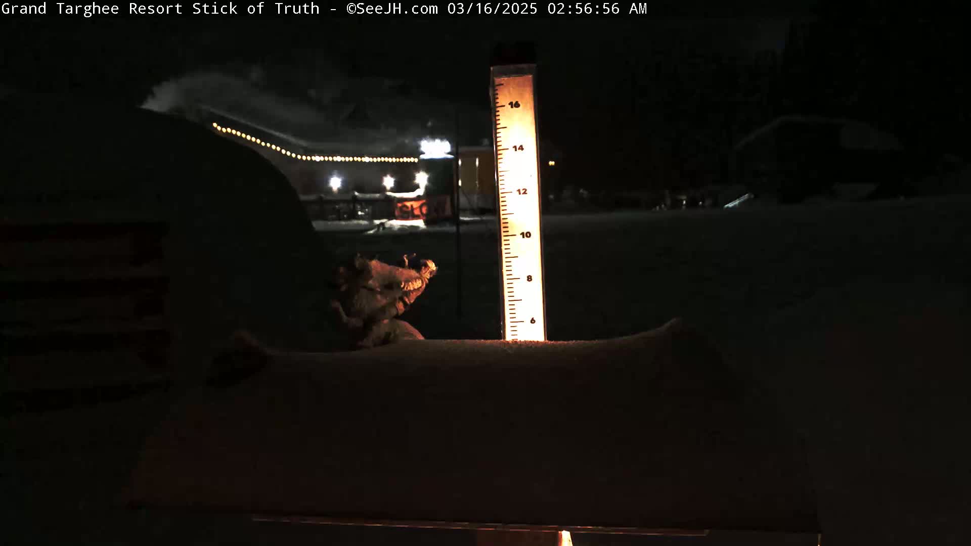 A snow-covered ground at night is illuminated by a nearby building with lights, showing a snow depth gauge next to a partially visible object.