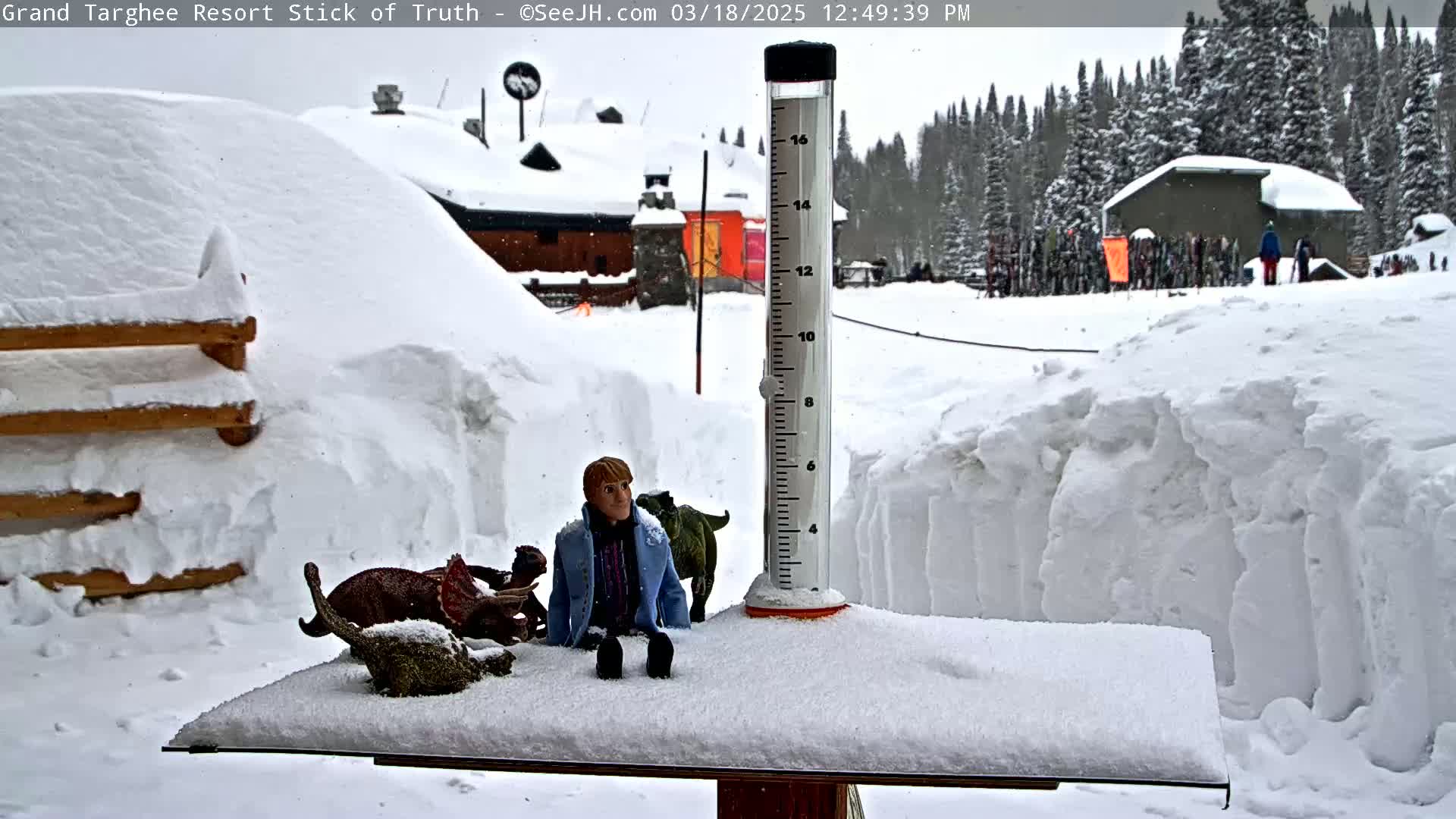 A snow-covered scene shows a miniature figure sitting amongst dinosaur figurines next to a snow gauge in front of a snow-laden building and a forest.