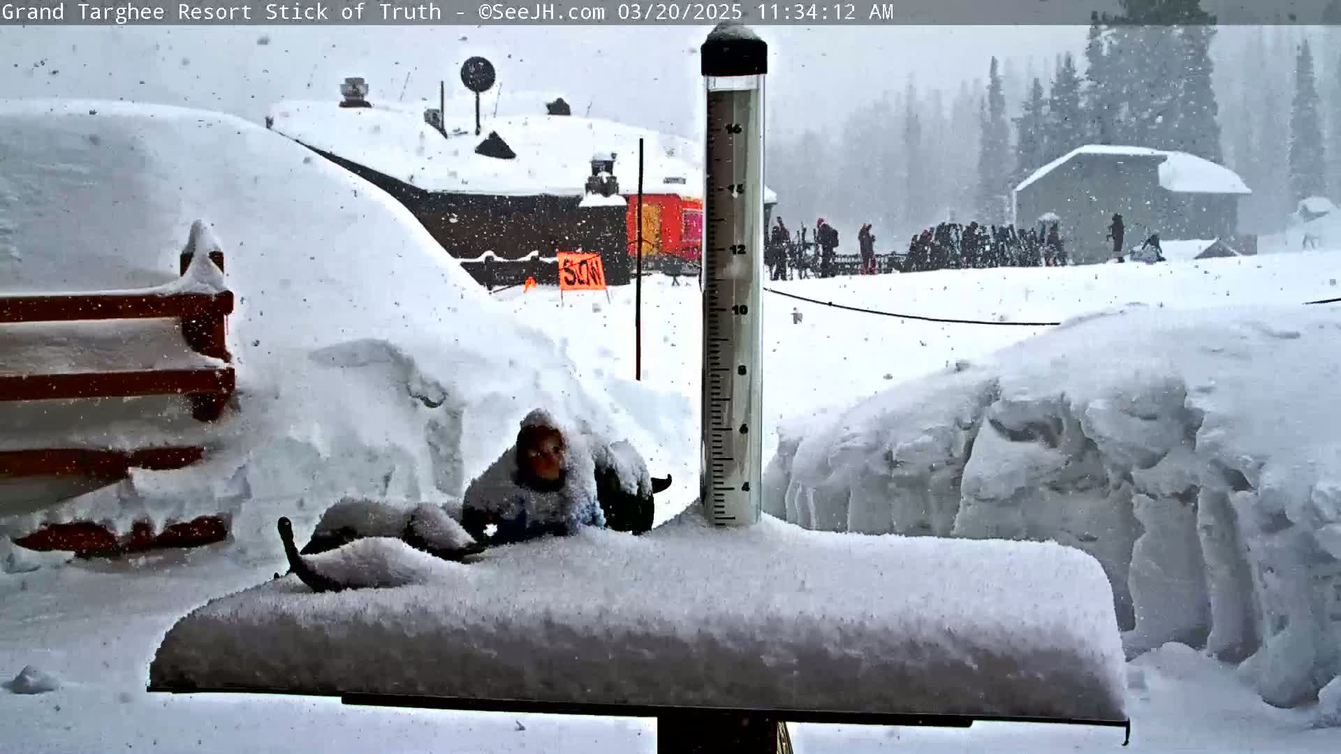 A snow-covered outdoor scene shows a snow gauge, a partially buried object resembling a person, snow-covered furniture, and buildings in the background during a snowfall.