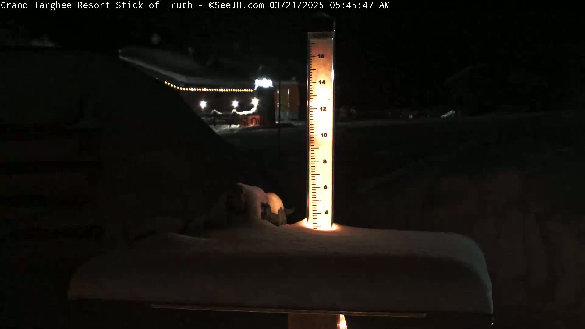 A snow-covered ground at night is illuminated by a light behind a snow depth gauge showing several inches of snow.