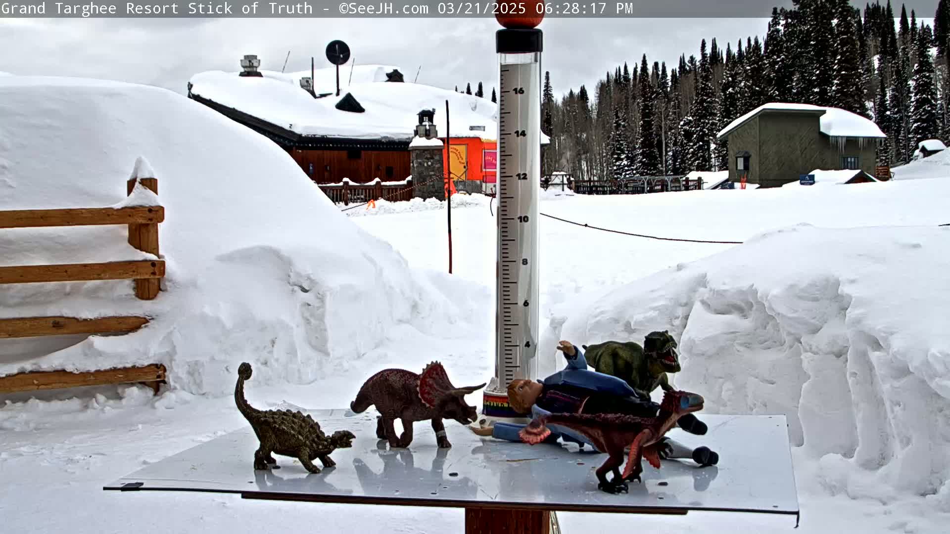 A snow-covered outdoor scene features several plastic dinosaur toys arranged on a table near a snow depth gauge, with snow-covered buildings and trees in the background under an overcast sky.