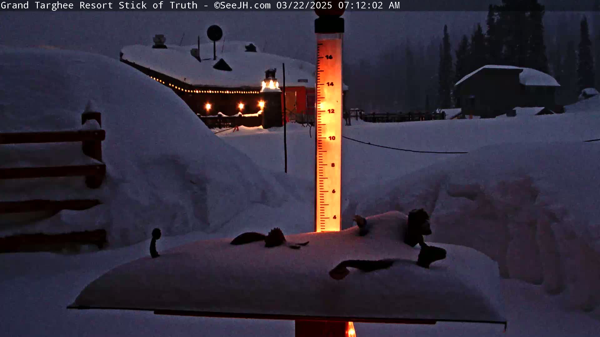 A snow-covered landscape at night, illuminated by lights from a building in the background, features a snow-filled rain gauge in the foreground.