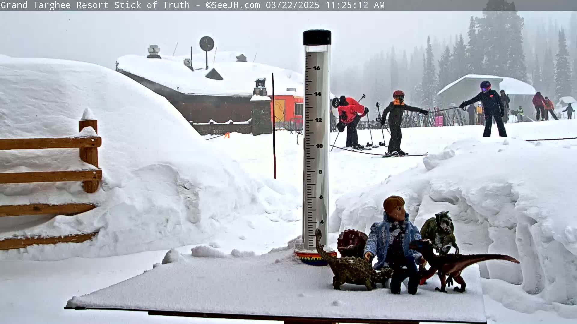 A snow-covered landscape with a building in the background, several skiers, a snow gauge, and toy dinosaurs on a table in the foreground during a snowfall.