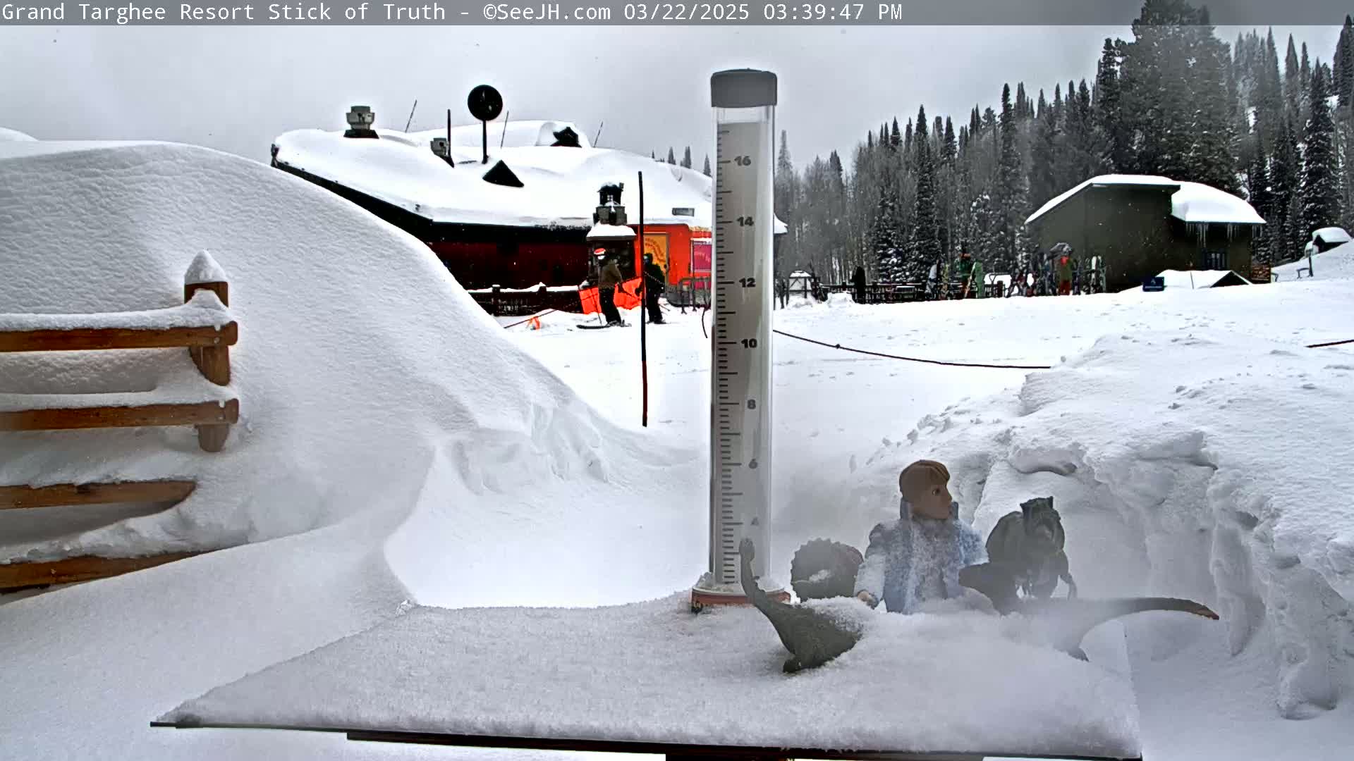 A snow-covered scene shows a tall snow gauge, a wooden fence partially buried in snow, a building in the background, and two small figurines partially submerged in snow.