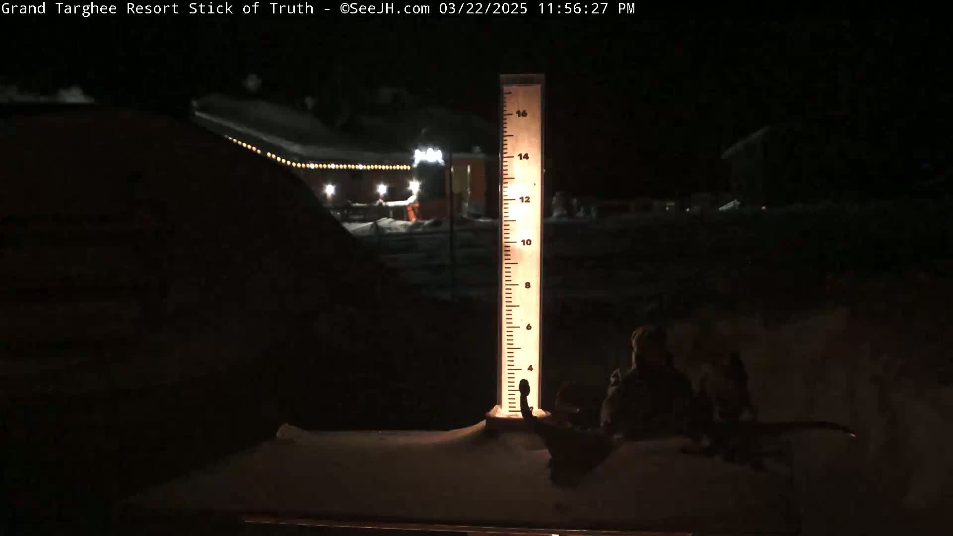 A nighttime snow scene shows a snow gauge illuminated, with some dark figures sitting in the snow in the foreground, and a building with lights in the background.