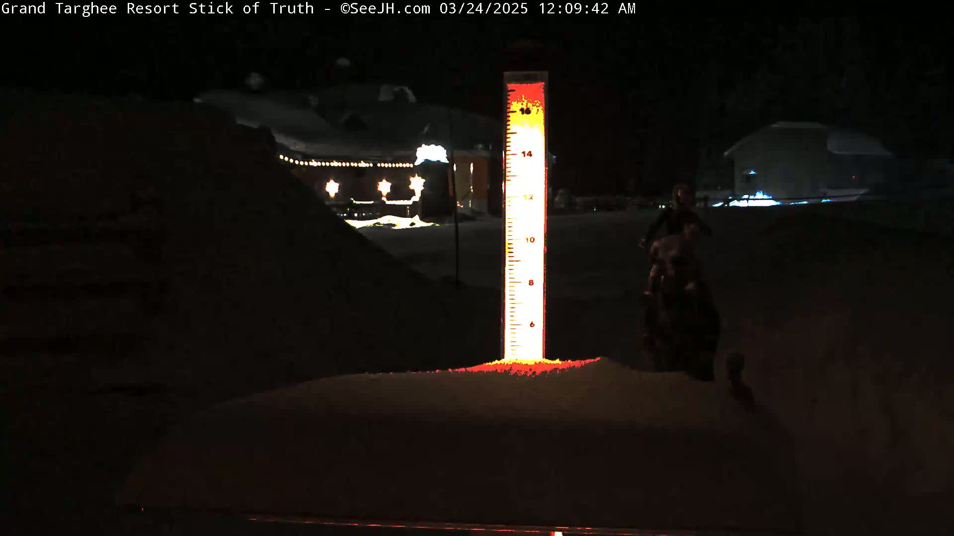 A snow-covered ground at night is illuminated by a lit snow depth gauge and distant building lights, with a person on a snowmobile partially visible in the background.