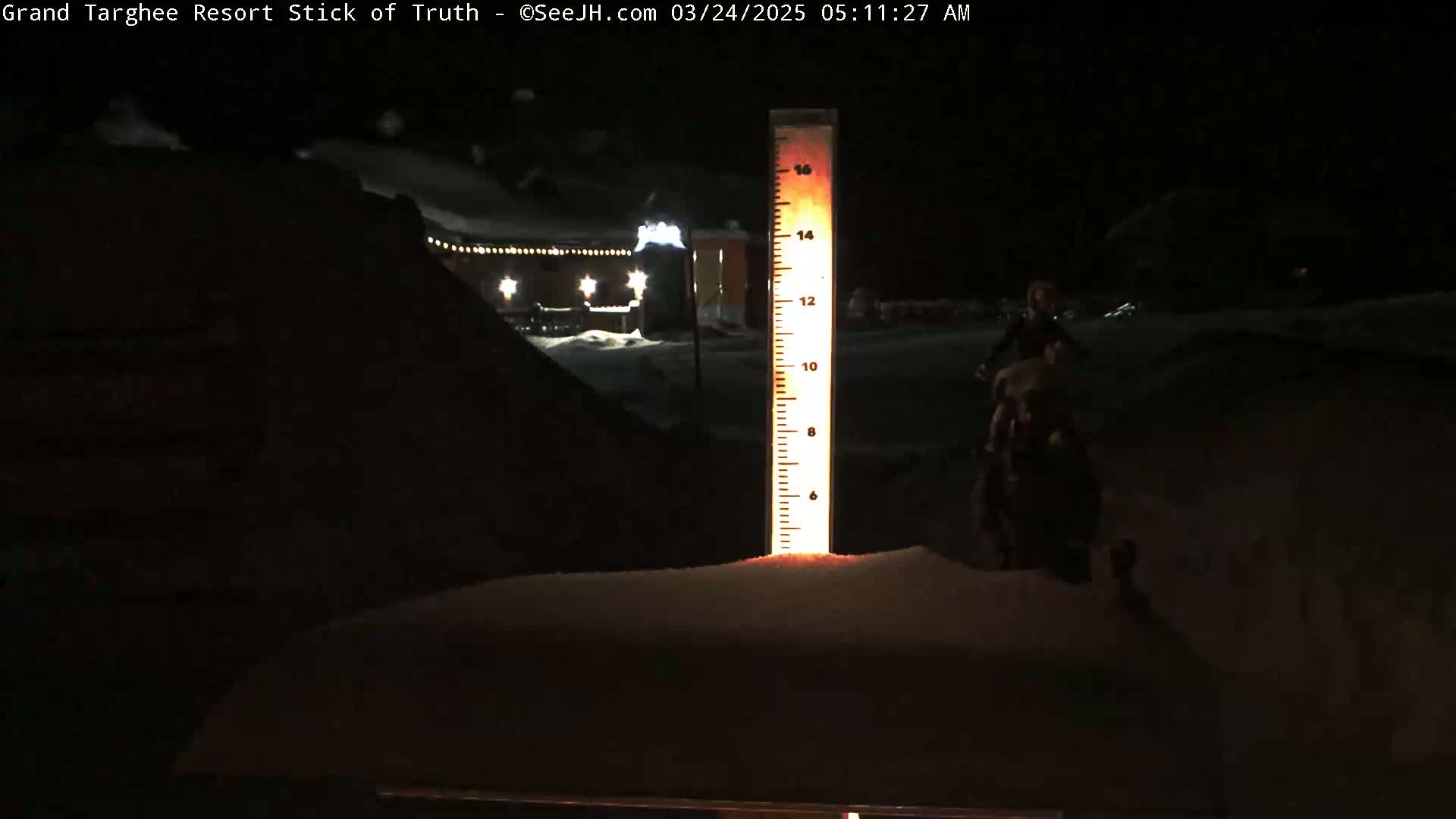 A snow-covered ground at night is illuminated by a light source behind a tall snow depth measuring stick, with a dimly lit building and figures in the background.