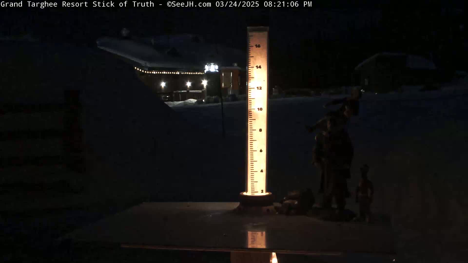 A lit snow gauge sits on a dark, snowy surface at night, with a building and string lights visible in the background.
