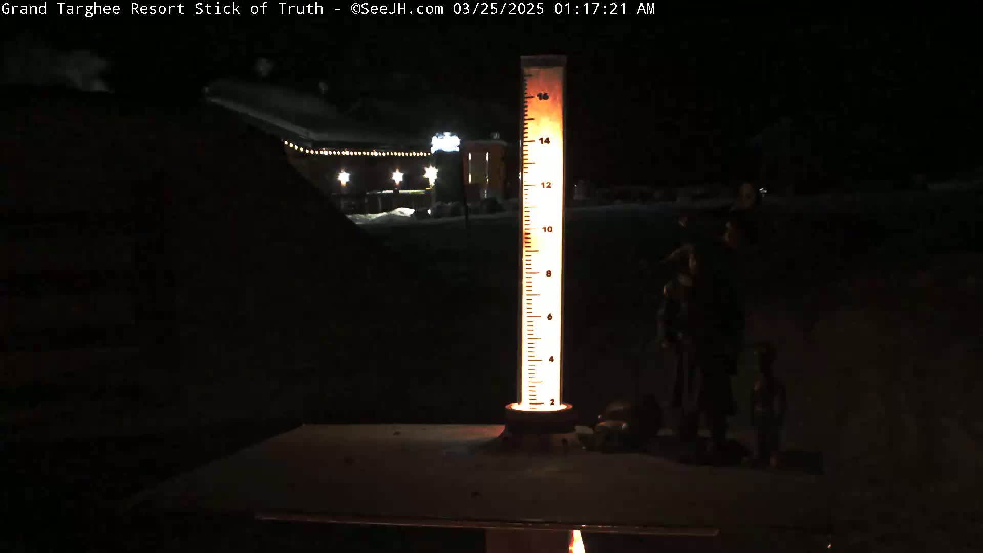 A lit, tall, graduated cylinder sits on a table at night, with a snow-covered area and a building with lights visible in the background.