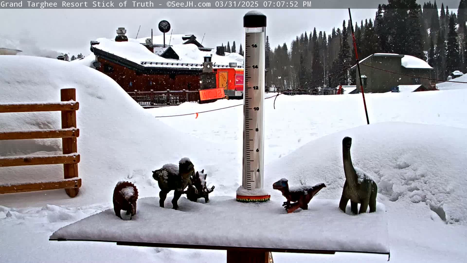 Snow-covered dinosaur figurines sit on a snow-covered table outside a snow-covered building during a light snowfall.