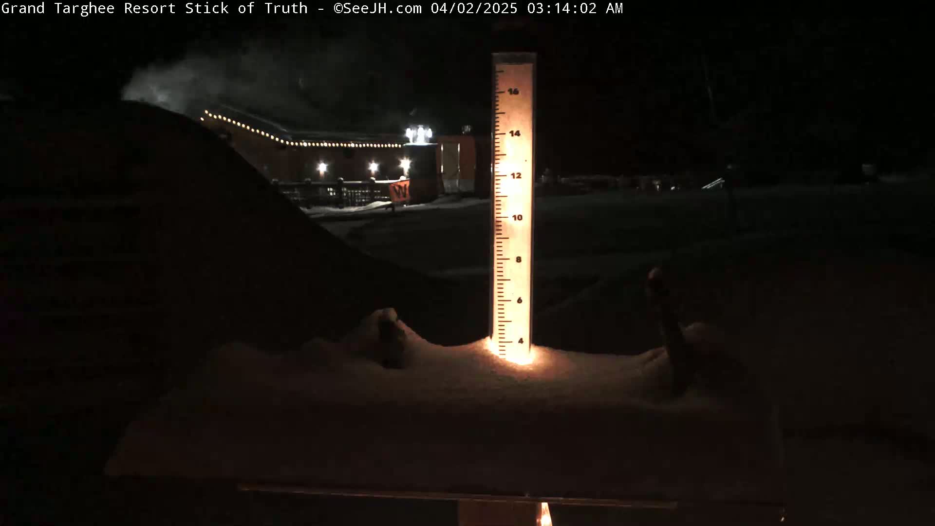 A snow-covered ground with a snow measuring stick illuminated at night, showing a building in the background.