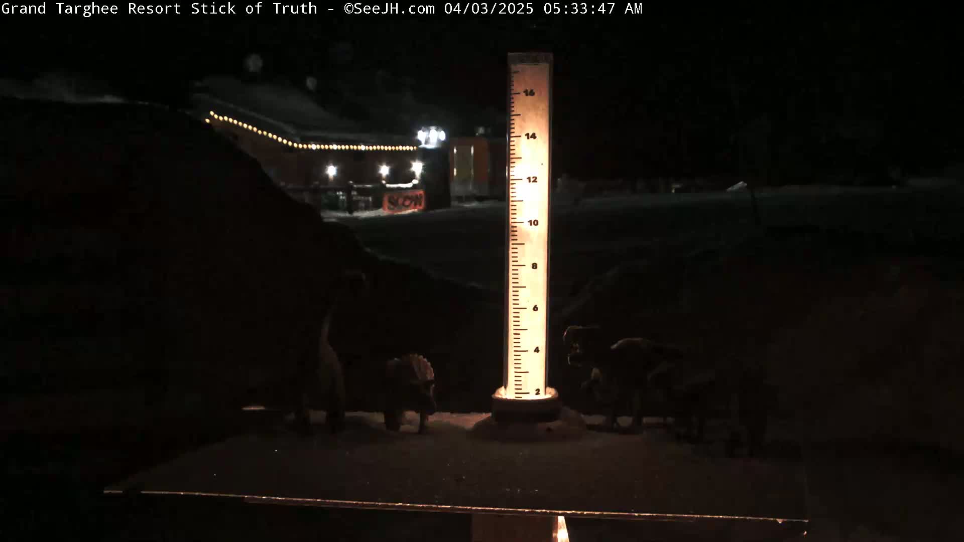 A lit snow gauge stands in the snow at night, near a dimly lit building with strings of lights, and some dark figures are visible in the foreground.