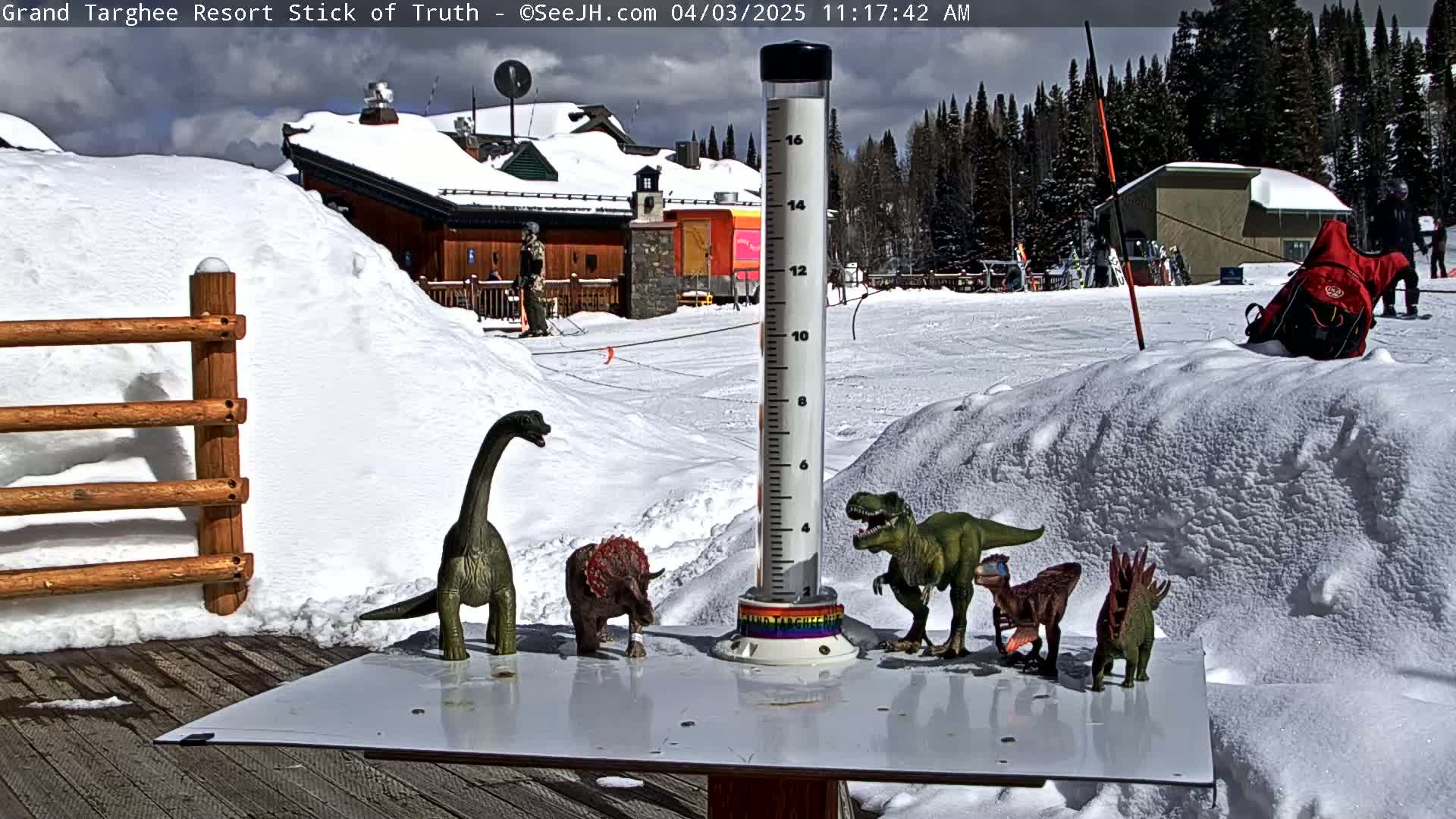 Under a partly sunny sky, several plastic dinosaur toys are arranged on a snow-covered surface next to a snow measuring stick, in front of a snow-covered building.