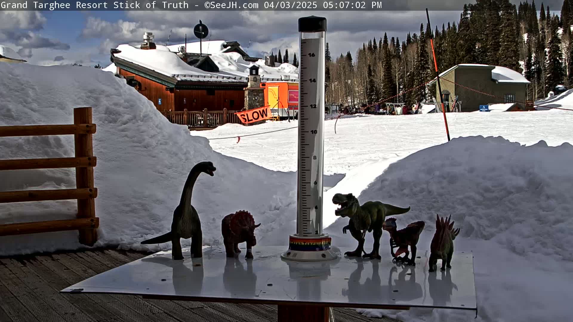 A snow-covered outdoor scene with a snow gauge, several toy dinosaurs arranged on a table, and a wooden fence in the foreground; a partially sunny day with some clouds.