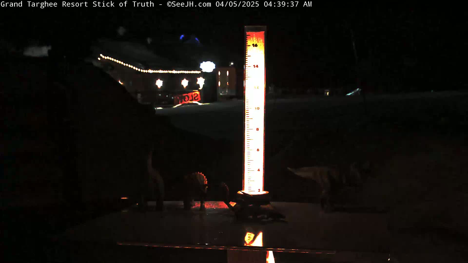 A brightly lit, tall, thin measuring device stands on a dark surface at night, surrounded by small dinosaur toys, with a snow-covered area and illuminated building visible in the background.