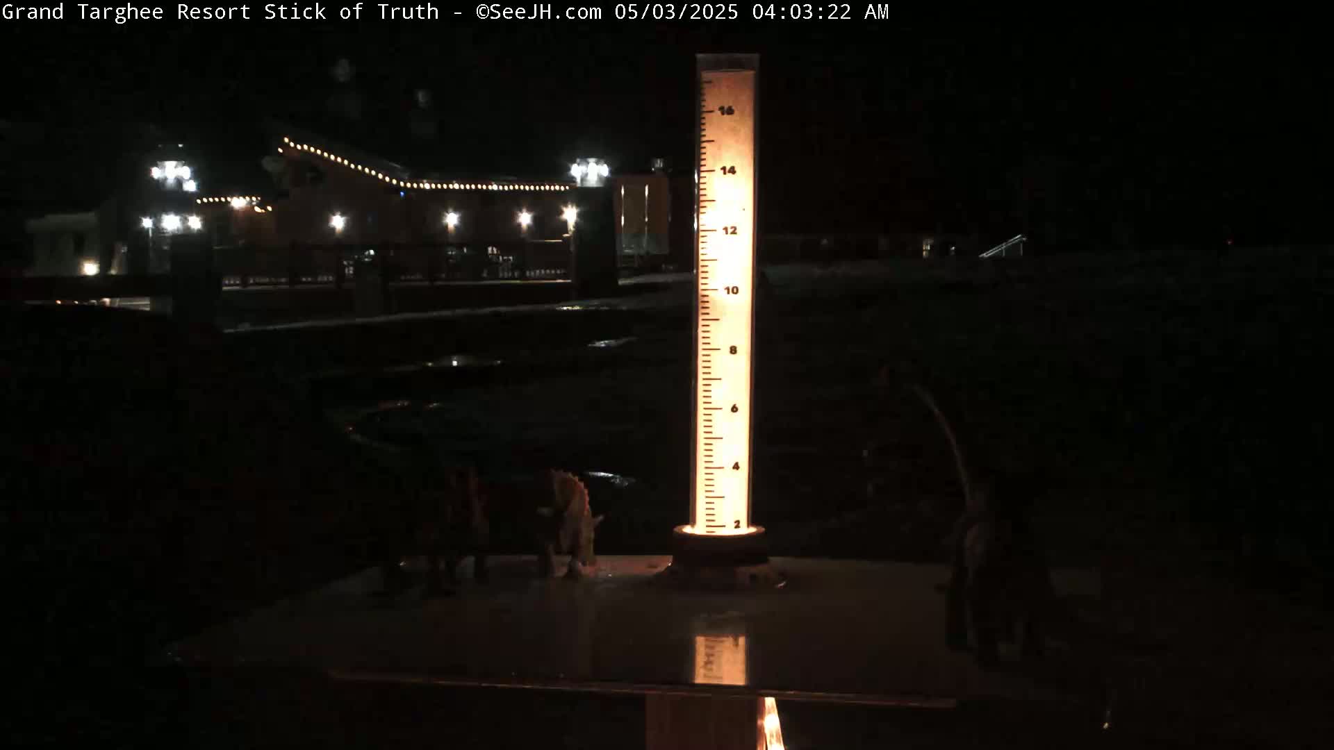 At night, a tall, illuminated measuring stick stands in front of a dark building with lights.
